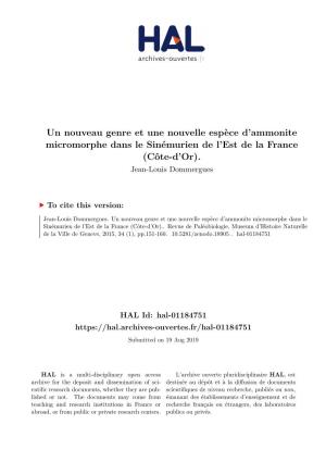 Un Nouveau Genre Et Une Nouvelle Espèce D’Ammonite Micromorphe Dans Le Sinémurien De L’Est De La France (Côte-D’Or)
