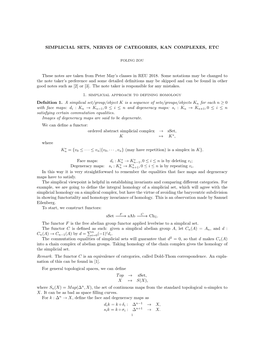 Simplicial Sets, Nerves of Categories, Kan Complexes, Etc