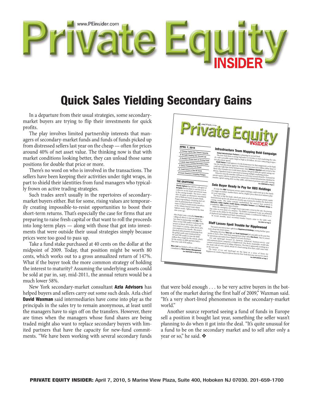 PRIVATE EQUITY INSIDER: April 7, 2010, 5 Marine View Plaza, Suite 400, Hoboken NJ 07030