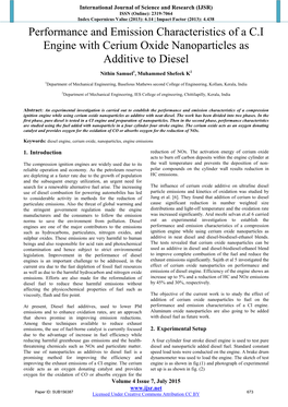 Performance and Emission Characteristics of a C.I Engine with Cerium Oxide Nanoparticles As Additive to Diesel