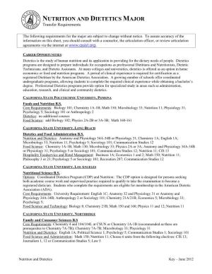 NUTRITION and DIETETICS MAJOR Transfer Requirements