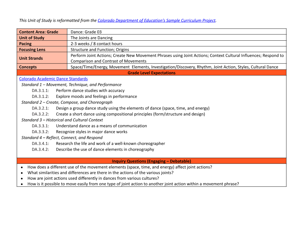 Dance Unit the Joints Are Dancing, G3.Docx