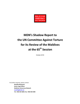 MDN's Shadow Report to the UN Committee Against Torture for Its Review of the Maldives at the 65 Session