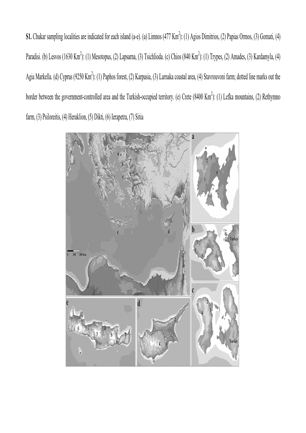 S1. Chukar Sampling Localities Are Indicated for Each Island (A-E). (A) Limnos (477 Km2): (1) Agios Dimitrios, (2) Papias Ormos, (3) Gomati, (4)