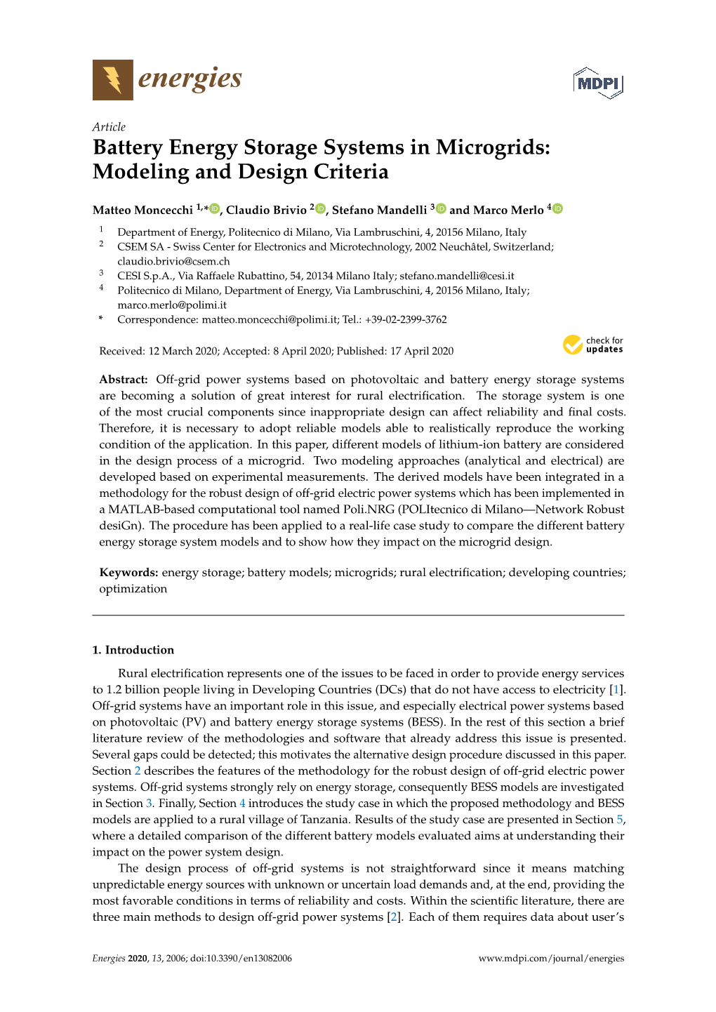 Battery Energy Storage Systems in Microgrids: Modeling and Design Criteria