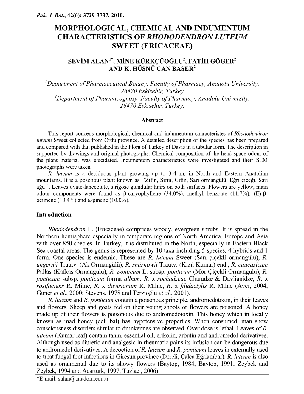 Morphological, Chemical and Indumentum Characteristics of Rhododendron Luteum Sweet (Ericaceae)