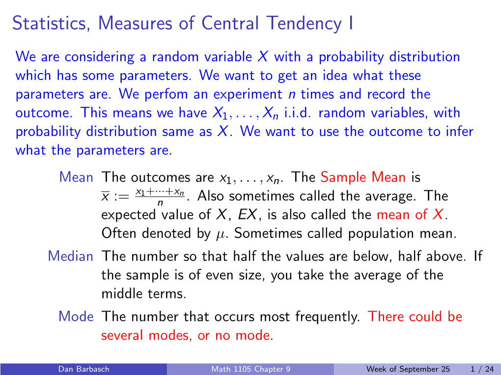 Statistics, Measures of Central Tendency I