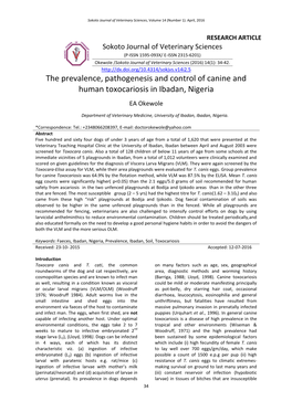 The Prevalence, Pathogenesis and Control of Canine and Human Toxocariosis in Ibadan, Nigeria EA Okewole