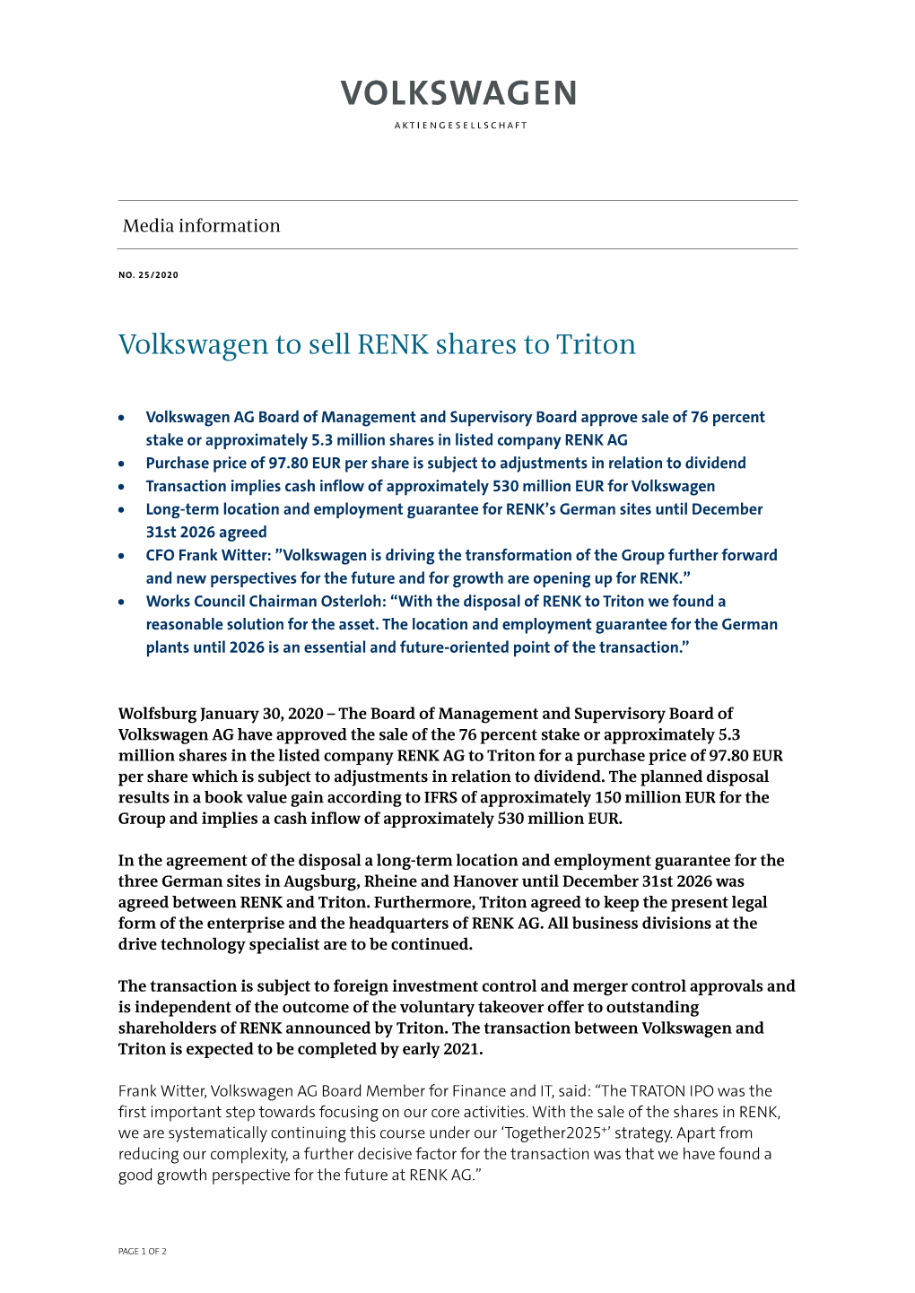 Volkswagen to Sell RENK Shares to Triton