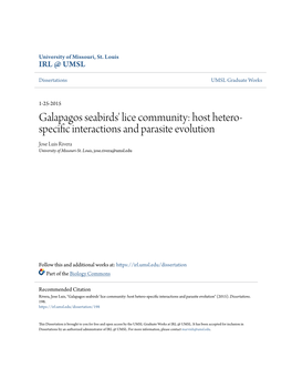 Galapagos Seabirds' Lice Community: Host Hetero-Specific Interactions and Parasite Evolution" (2015)