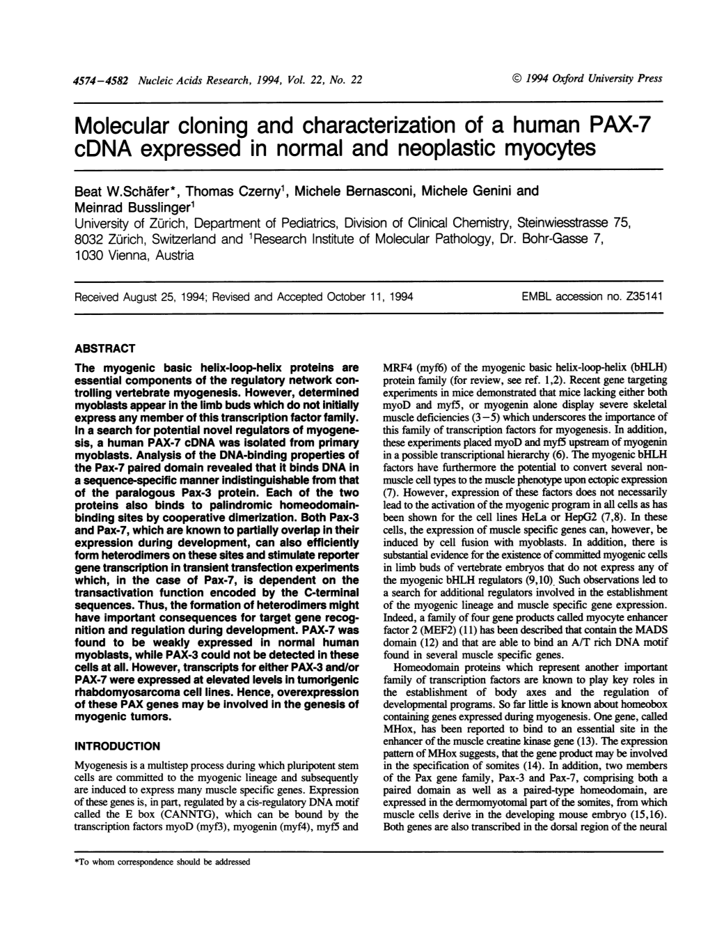 Molecular Cloning and Characterization of a Human PAX-7 Cdna Expressed in Normal and Neoplastic Myocytes