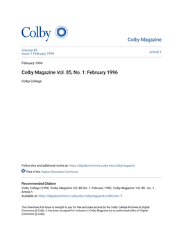 Colby Magazine Vol. 85, No. 1: February 1996