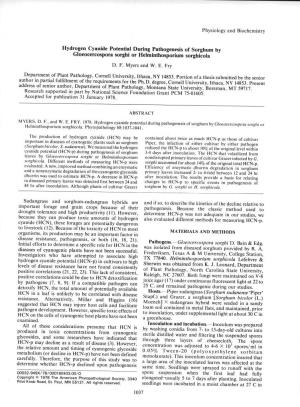 Hydrogen Cyanide Potential During Pathogenesis of Sorghum by Gloeocercospora Sorghi Or Helminthosporium Sorghicola D