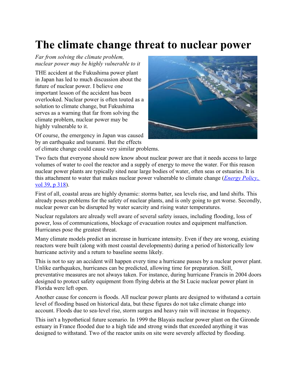 The Climate Change Threat to Nuclear Power