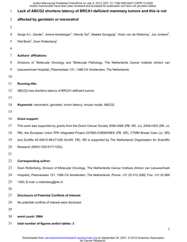 1 Lack of ABCG2 Shortens Latency of BRCA1-Deficient Mammary Tumors and This Is Not