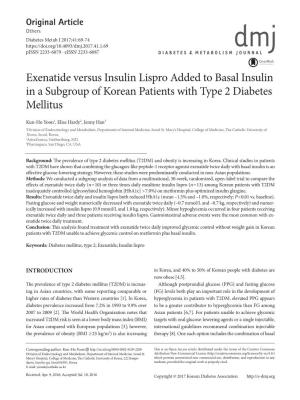 Exenatide Versus Insulin Lispro Added to Basal Insulin in a Subgroup of Korean Patients with Type 2 Diabetes Mellitus