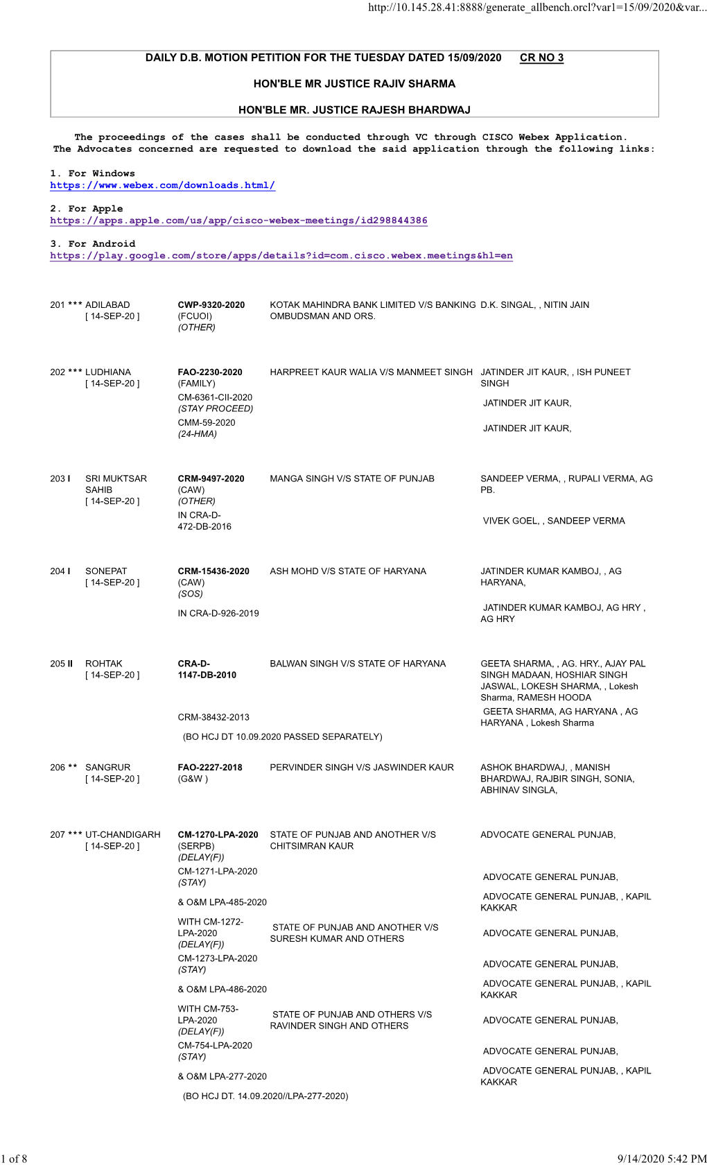 Daily D.B. Motion Petition for the Tuesday Dated 15/09/2020 Cr No 3
