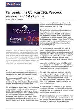 Pandemic Hits Comcast 2Q; Peacock Service Has 10M Sign-Ups 30 July 2020, by Tali Arbel