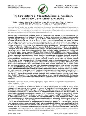 The Herpetofauna of Coahuila, Mexico: Composition, Distribution, and Conservation Status 1David Lazcano, 1Manuel Nevárez-De Los Reyes, 2Elí García-Padilla, 3Jerry D
