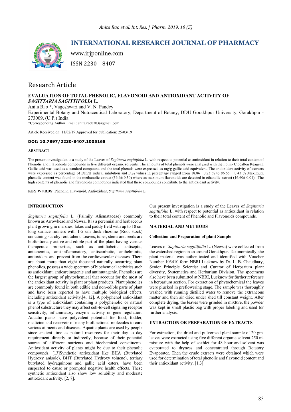 Evaluation of Total Phenolic, Flavonoid and Antioxidant Activity of Sagittaria Sagittifolia L