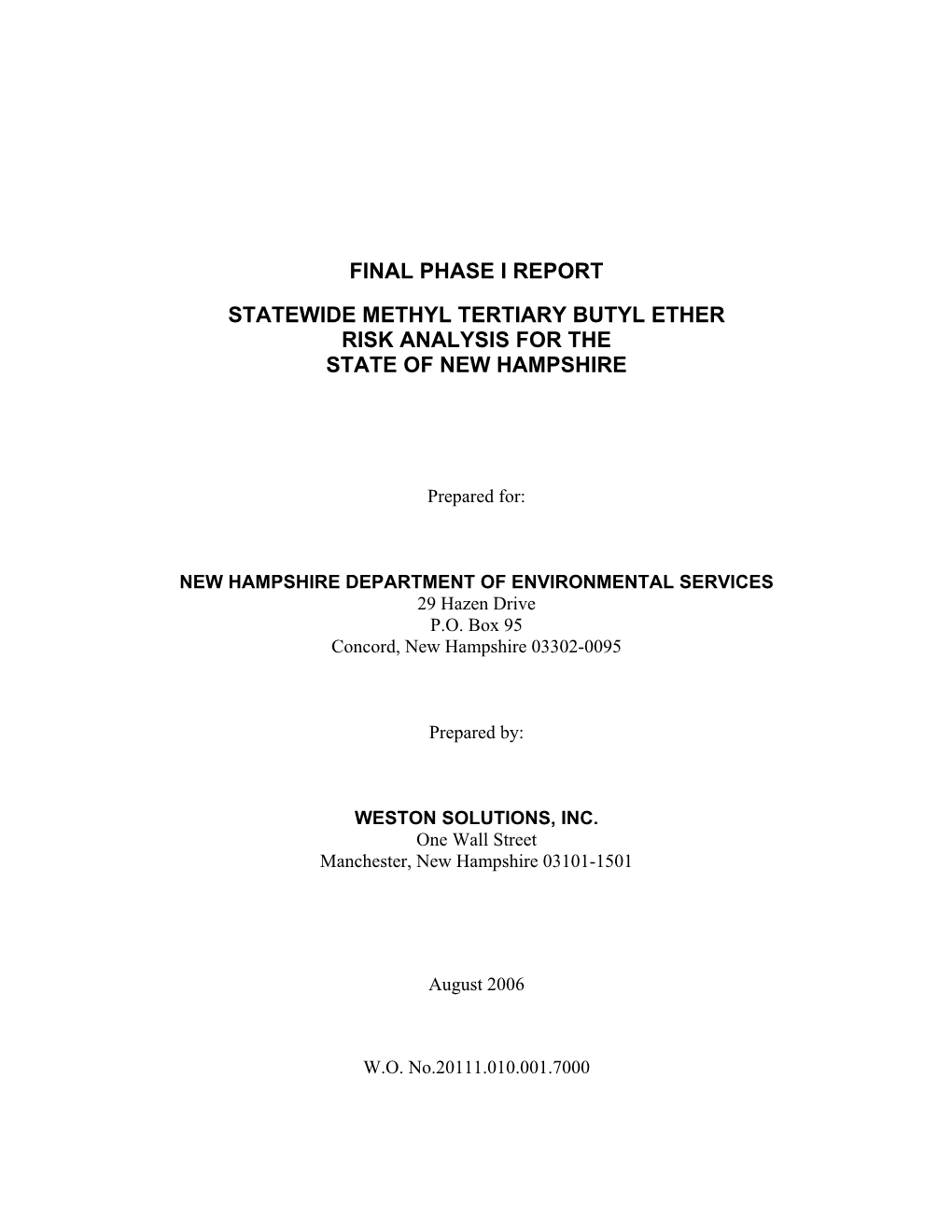 Statewide Methyl Tertiary Butyl Ether Risk Analysis for the State of New Hampshire