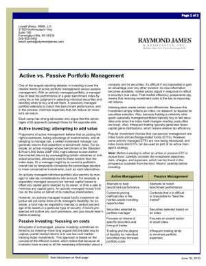 Active Vs. Passive Portfolio Management