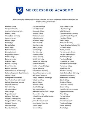 Below Is a Sampling of the Nearly 500 Colleges, Universities, and Service Academies to Which Our Students Have Been Accepted Over the Past Four Years