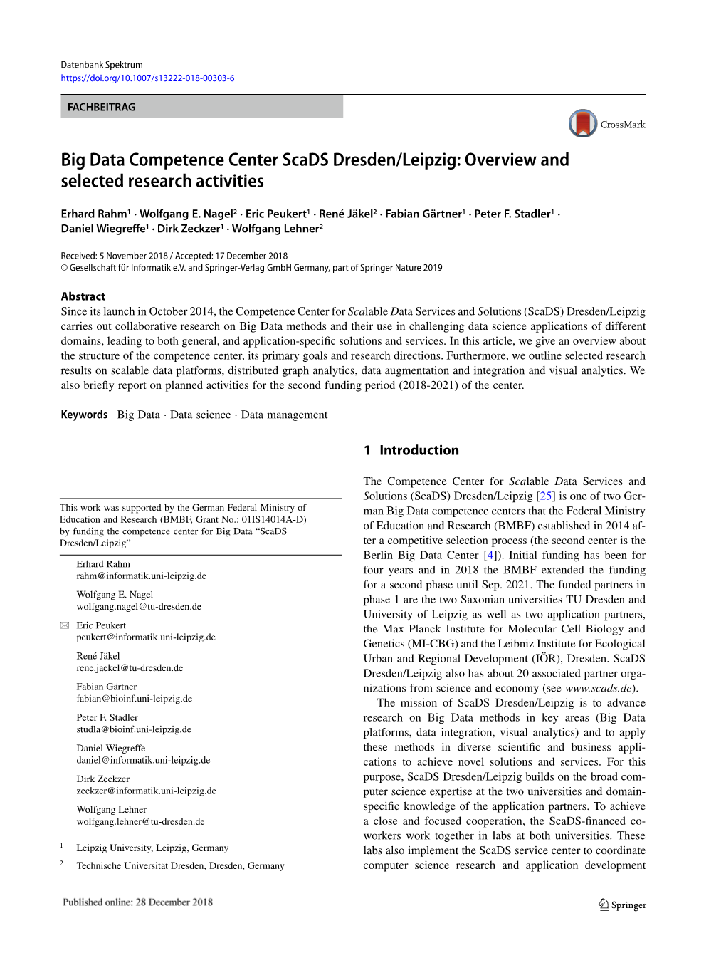 Big Data Competence Center Scads Dresden/Leipzig: Overview and Selected Research Activities