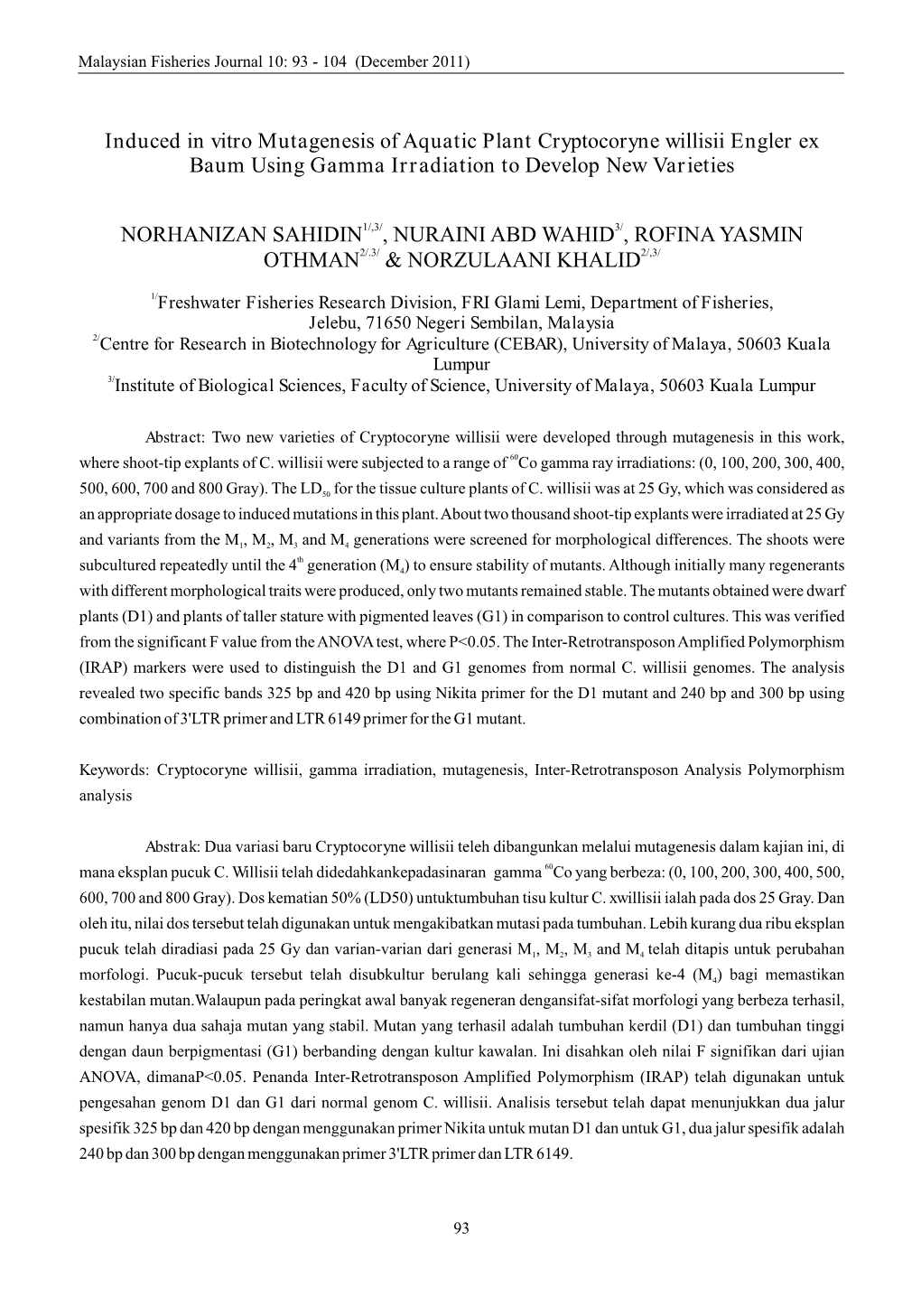 Induced in Vitro Mutagenesis of Aquatic Plant Cryptocoryne Willisii Engler Ex Baum Using Gamma Irradiation to Develop New Varieties