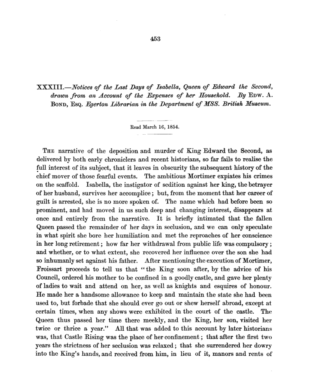 Notices of the Last Bays of Isabella, Queen of Edward the Second, Drawn from an Account of the Expenses of Her Household