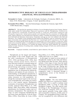 Reproductive Biology of Uruguayan Theraphosids (Araneae, Mygalomorphae)