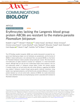 Erythrocytes Lacking the Langereis Blood Group Protein ABCB6 Are Resistant to the Malaria Parasite Plasmodium Falciparum