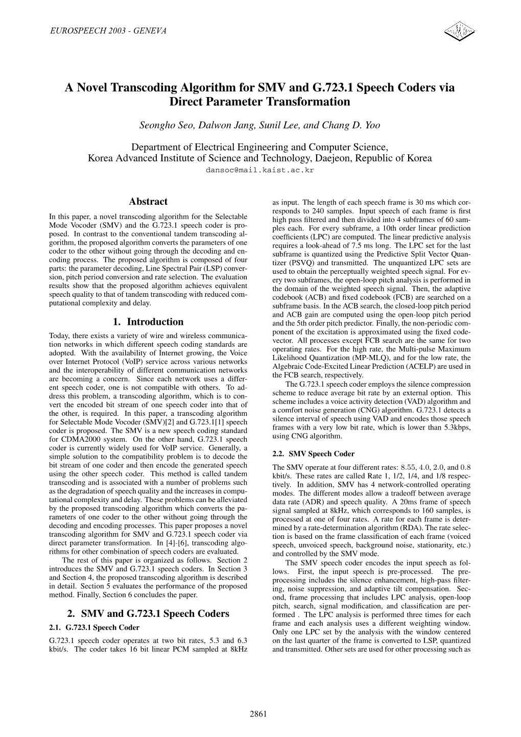 A Novel Transcoding Algorithm for SMV and G.723.1 Speech Coders Via Direct Parameter Transformation