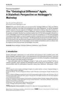 The “Ontological Difference” Again. a Dialetheic Perspective on Heidegger's Mainstay