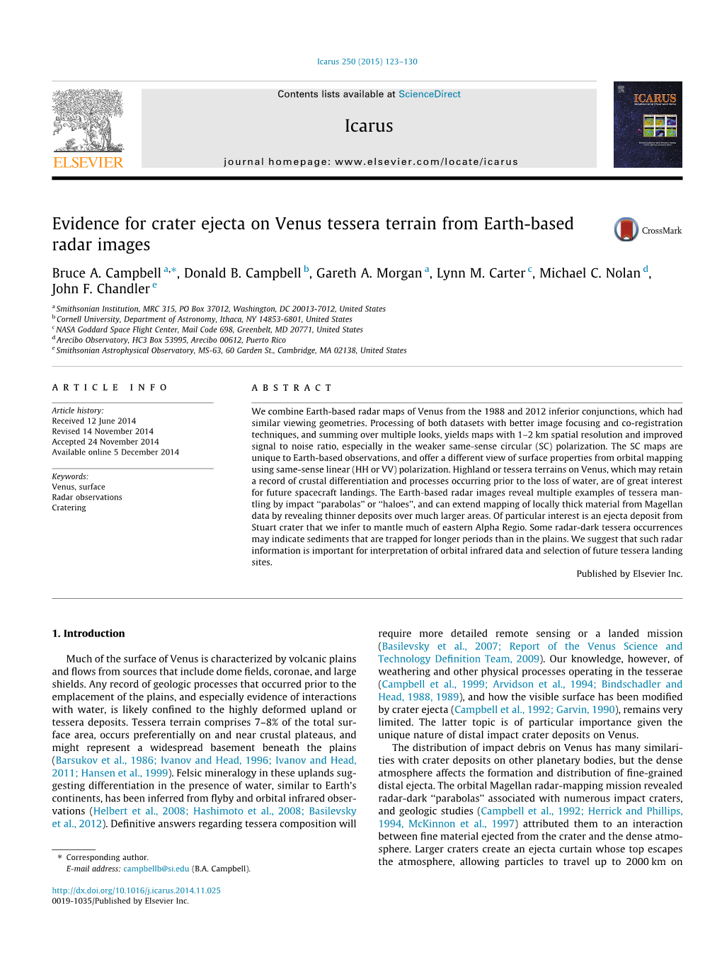 Evidence for Crater Ejecta on Venus Tessera Terrain from Earth-Based Radar Images ⇑ Bruce A