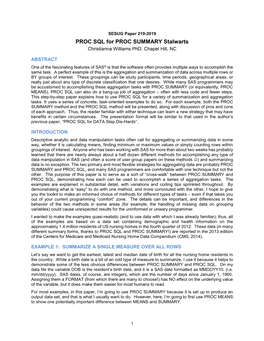 PROC SQL for PROC SUMMARY Stalwarts Christianna Williams Phd, Chapel Hill, NC