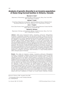 Analysis of Genetic Diversity in an Invasive Population of Asian Long-Horned Beetles in Ontario, Canada