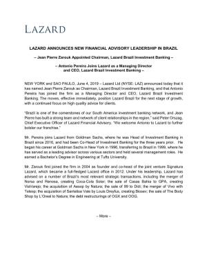 Lazard Announces New Financial Advisory Leadership in Brazil