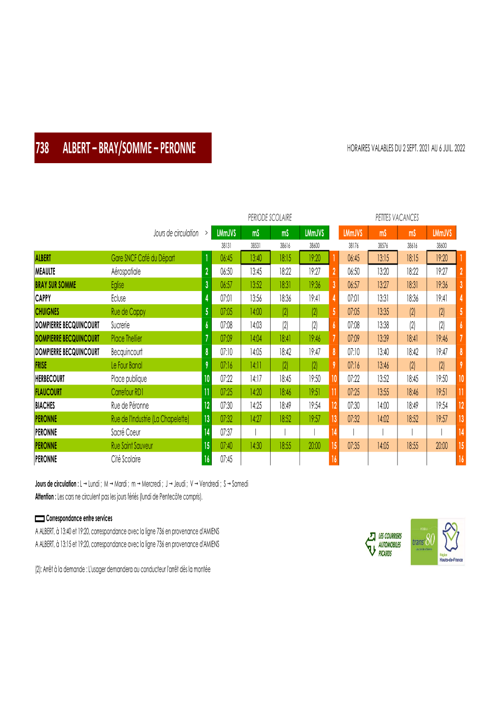 738 Albert – Bray/Somme – Peronne Horaires Valables Du 2 Sept