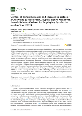 Control of Fungal Diseases and Increase in Yields of a Cultivated Jujube Fruit (Zizyphus Jujuba Miller Var