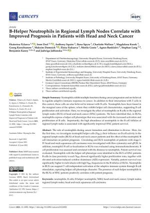 B-Helper Neutrophils in Regional Lymph Nodes Correlate with Improved Prognosis in Patients with Head and Neck Cancer