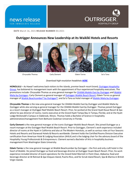 Outrigger Announces New Leadership at Its Waikīkī Hotels and Resorts