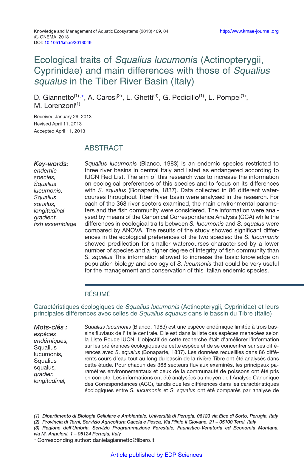 Ecological Traits of Squalius Lucumonis (Actinopterygii, Cyprinidae) and Main Differences with Those of Squalius Squalus in the Tiber River Basin (Italy)