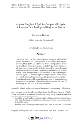 Approaching Mullā Ṣadrā As Scriptural Exegete: a Survey of Scholarship on His Quranic Works1