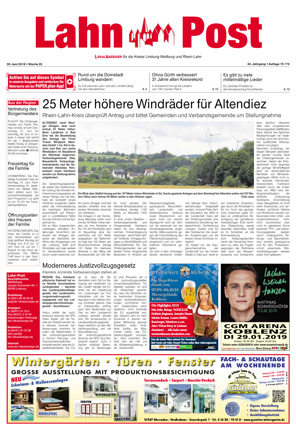 25 Meter Höhere Windräder Für Altendiez Bürgermeisters Rhein-Lahn-Kreis Überprüft Antrag Und Bittet Gemeinden Und Verbandsgemeinde Um Stellungnahme