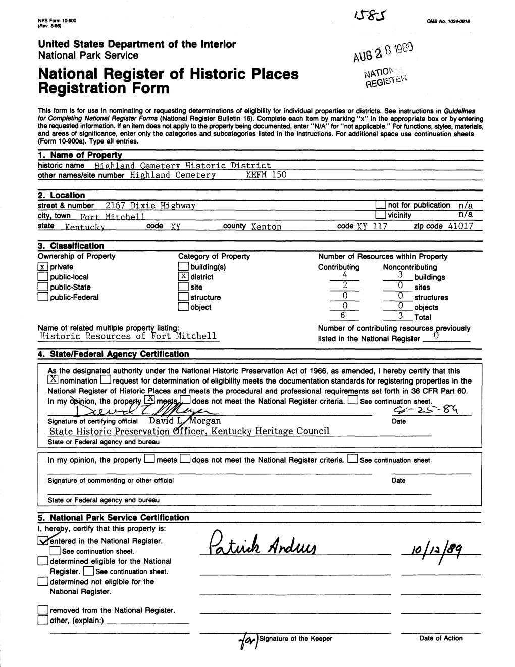 National Register of Historic Places Continuation Sheet Highland Cemetery Historic District Historic Resources of Fort Mitchell, KY MPS Section Number __L Page __1