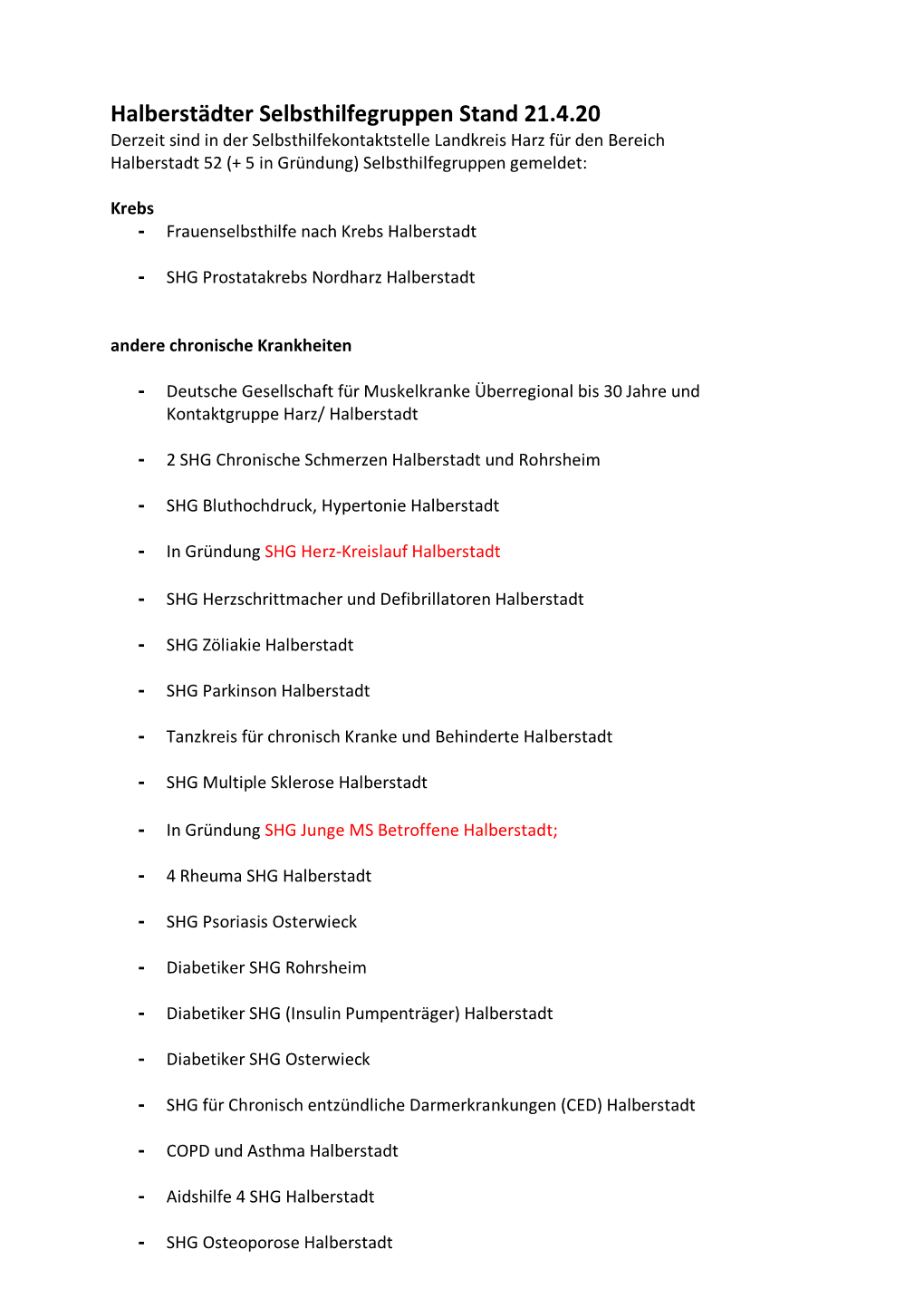 Halberstädter Selbsthilfegruppen Stand 21.4.20