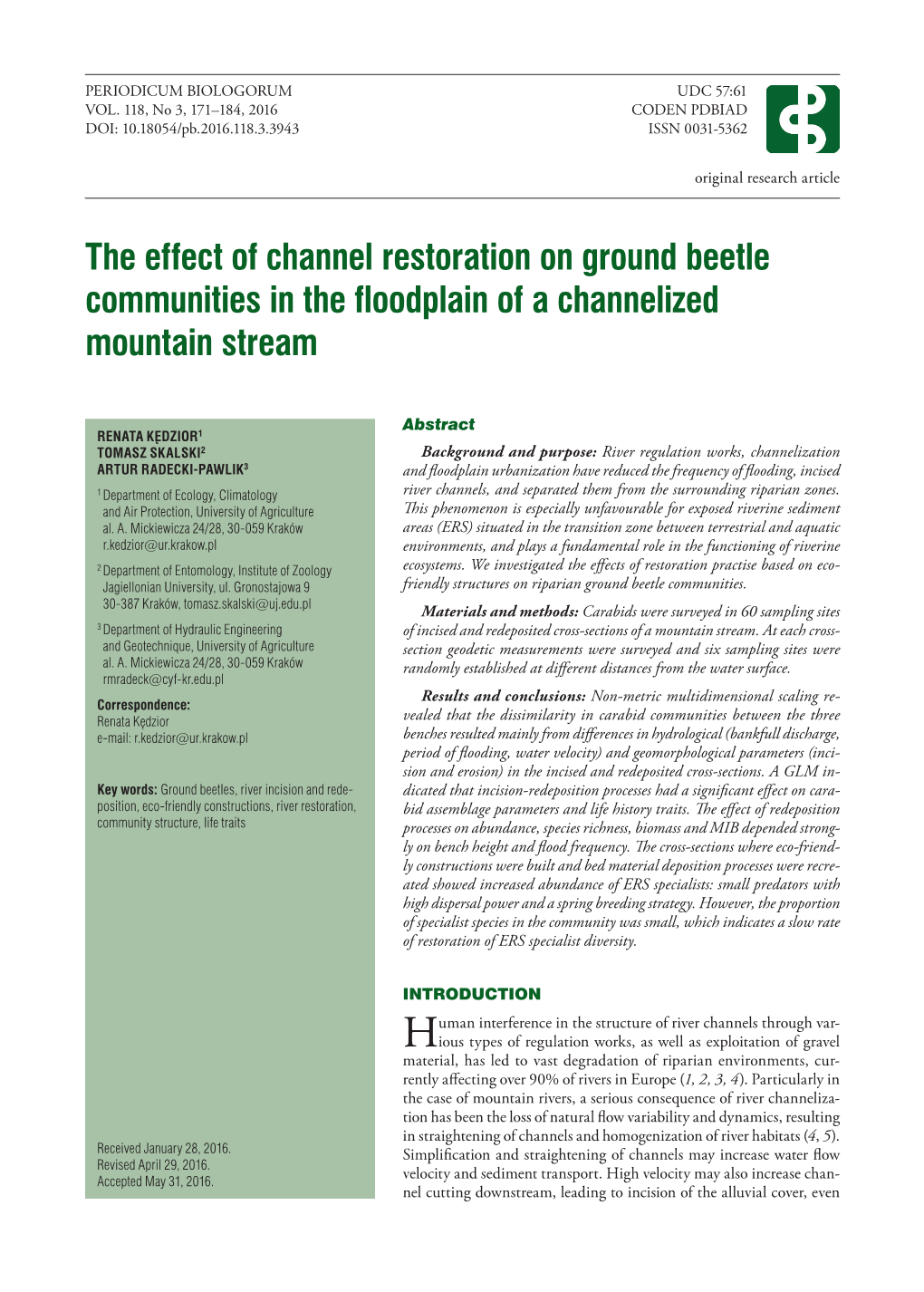 The Effect of Channel Restoration on Ground Beetle Communities in the Floodplain of a Channelized Mountain Stream