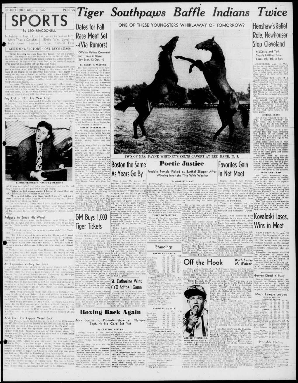 Tiger Southpapus Baffle Indians Twice SPORTS ONE of THESE YOUNGSTERS WHIRLAWAY of TOMORROW? Henshaw'sßelief by LEO S MACDONELL Dates for Fall • \