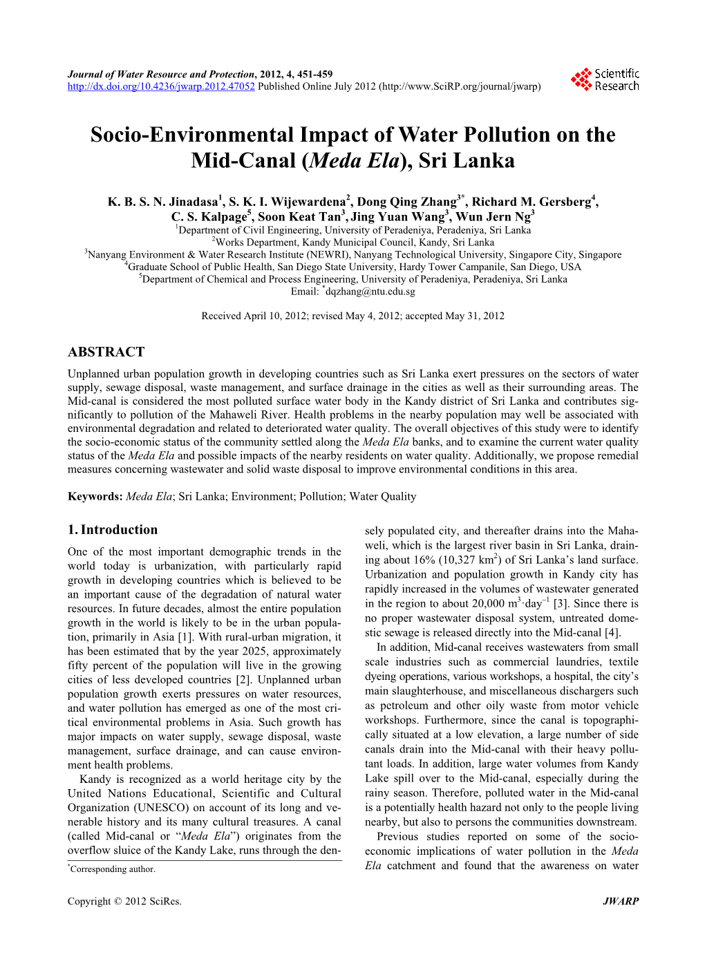 Socio-Environmental Impact of Water Pollution on the Mid-Canal (Meda Ela), Sri Lanka